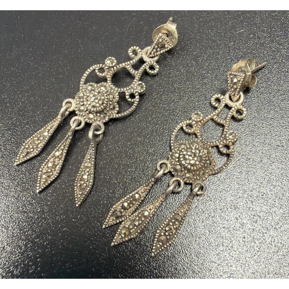 Sterling Silver Marcasite Chandelier Drop Earrings Dangle Vintage 6.6 grams